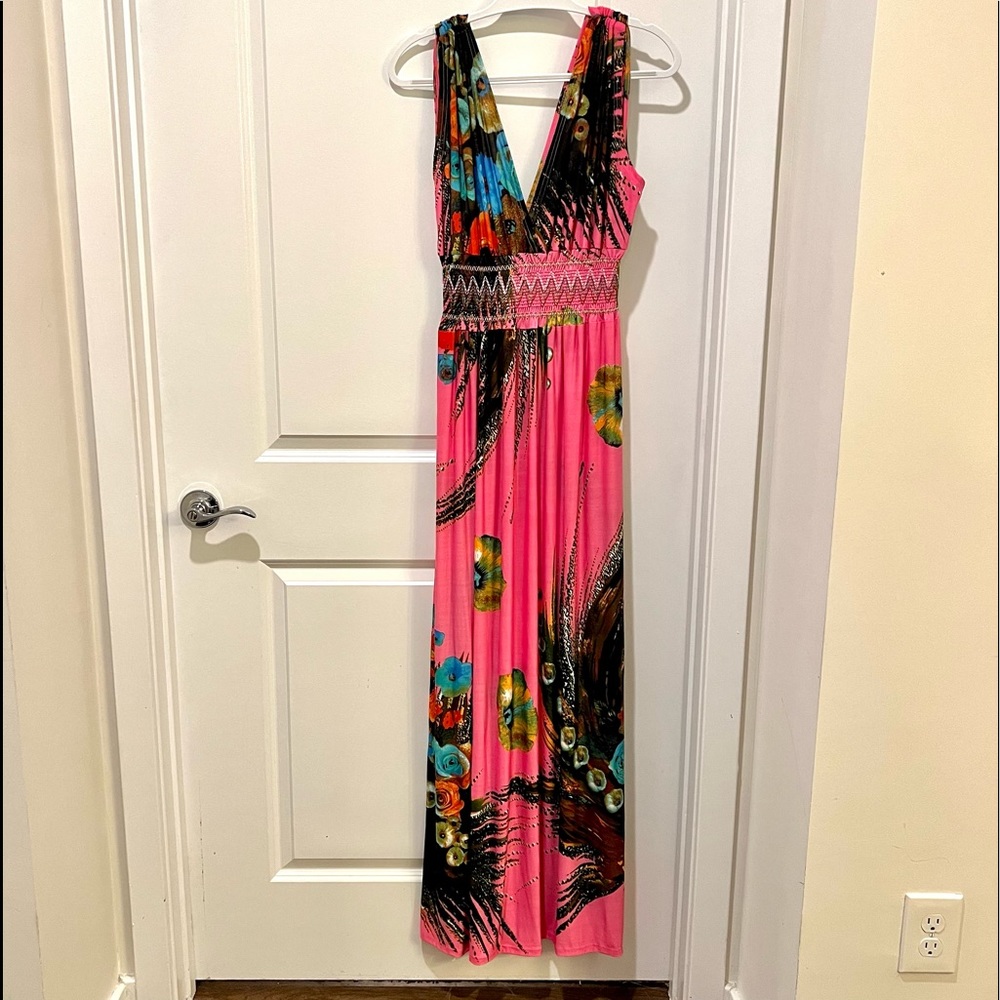 🆕💕 NWT 3XL Bohemian Summer Maxi Dress Bright Pink with Floral Accents